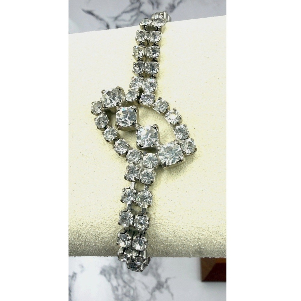 Vintage Rhinestone Tennis Bracelet Heart Knot Clasp‎ Bridal Prom 6.5"